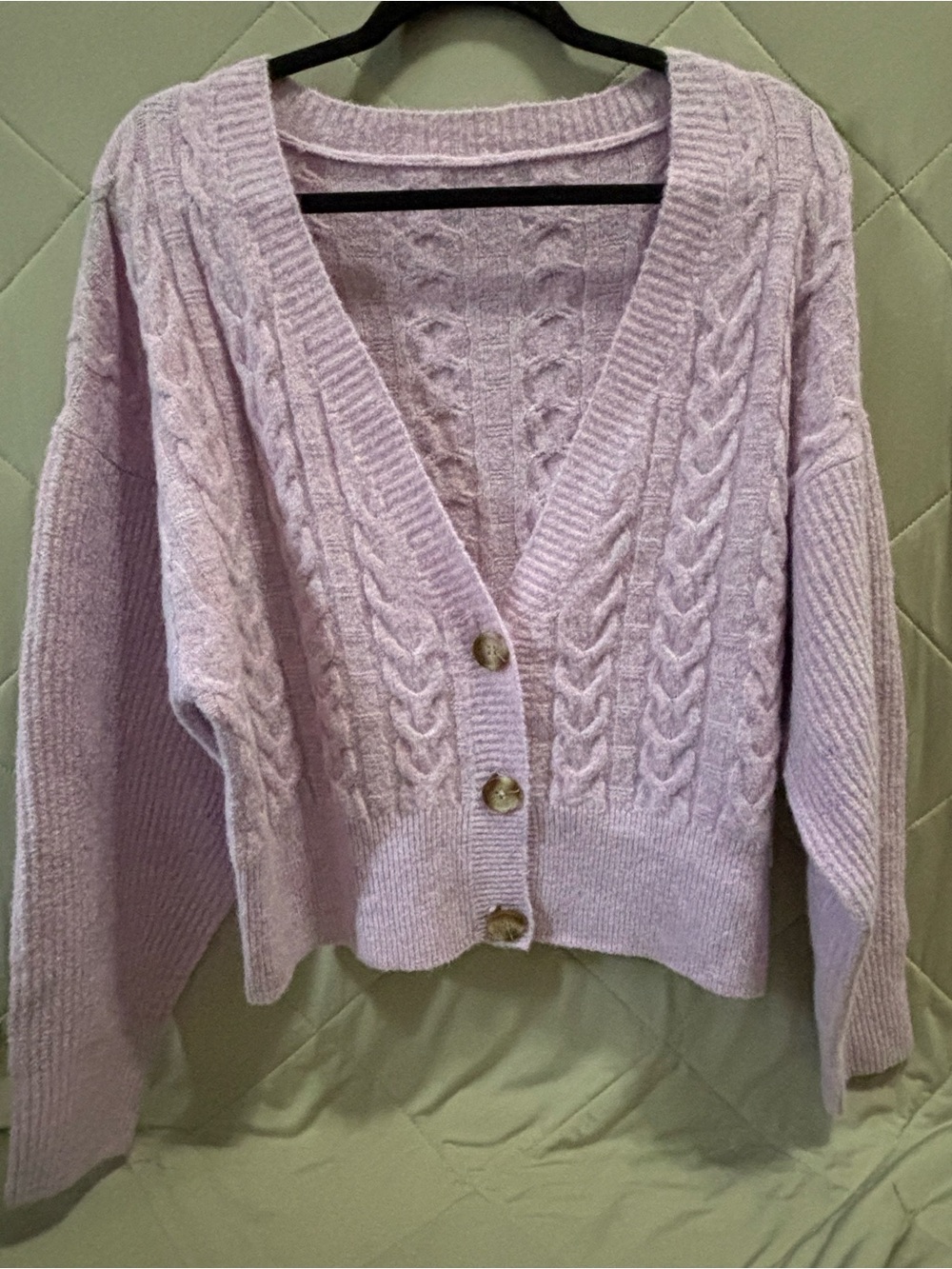 Soft Cable-Knit Lavender Button-Front Cardigan Sweater